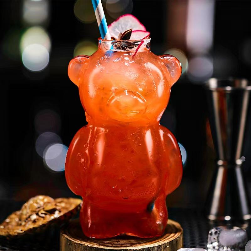 Cute Bear-Shaped Glass Drinkware Cups with Straw Household Kitchen Creativity Cartoon Cocktail Champagne Glass Coffee Mugs Gifts