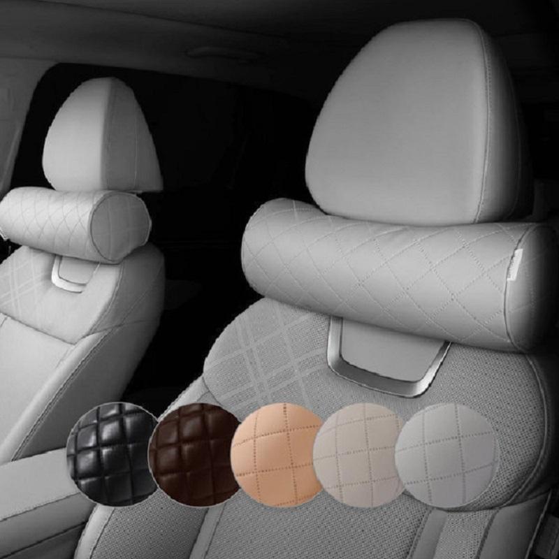 Luxury Car Seat Neck Pillow Headrest Leather Memory Chair Cervical Pillow Breathable Office Headrest Foam Protector Cylindr T3K2