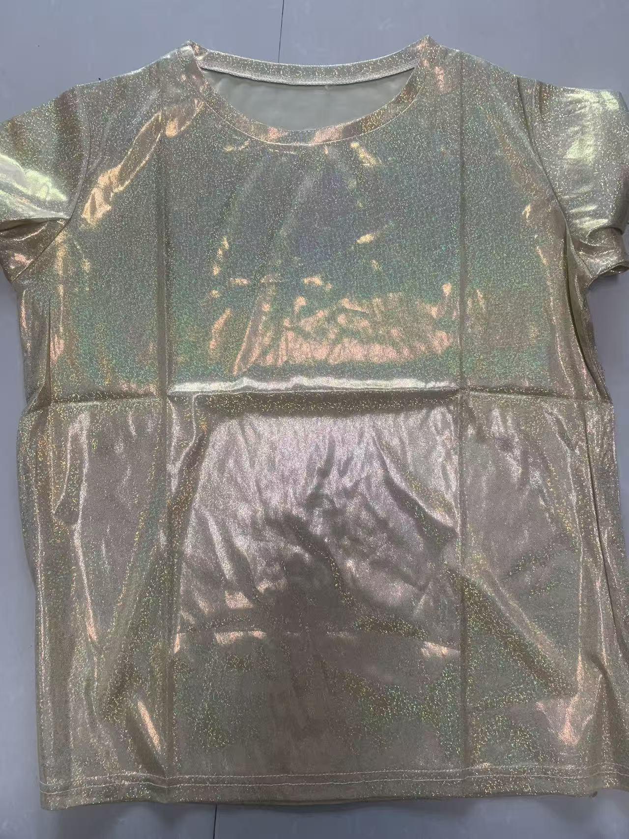 Locker sitzendes T-Shirt aus koreanischer Glitzerseide – trendiges Kurzarmoberteil in großen Größen für Frauen und Studentinnen S 38-49kg
