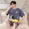 Sommer-Pyjama-Set für Herren mit süßem Cartoon-Print, Kurzarm-Oberteile und Shorts, Nachtwäsche, Loungewear, Studenten, zweiteilig, Nachtwäsche für Jugendliche und Jungen, Homewear für Männer
