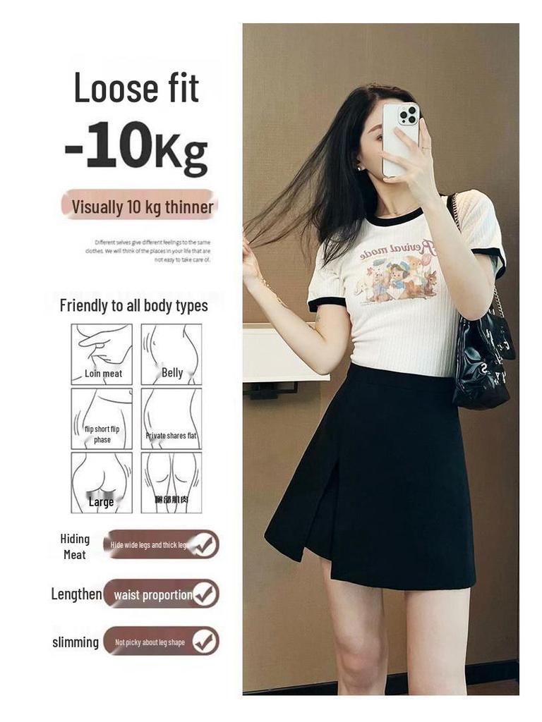 Kadınlar İçin 2024 Siyah Yüksek Bel A Kesim Etek Açık Bacak Yırtmaçlı