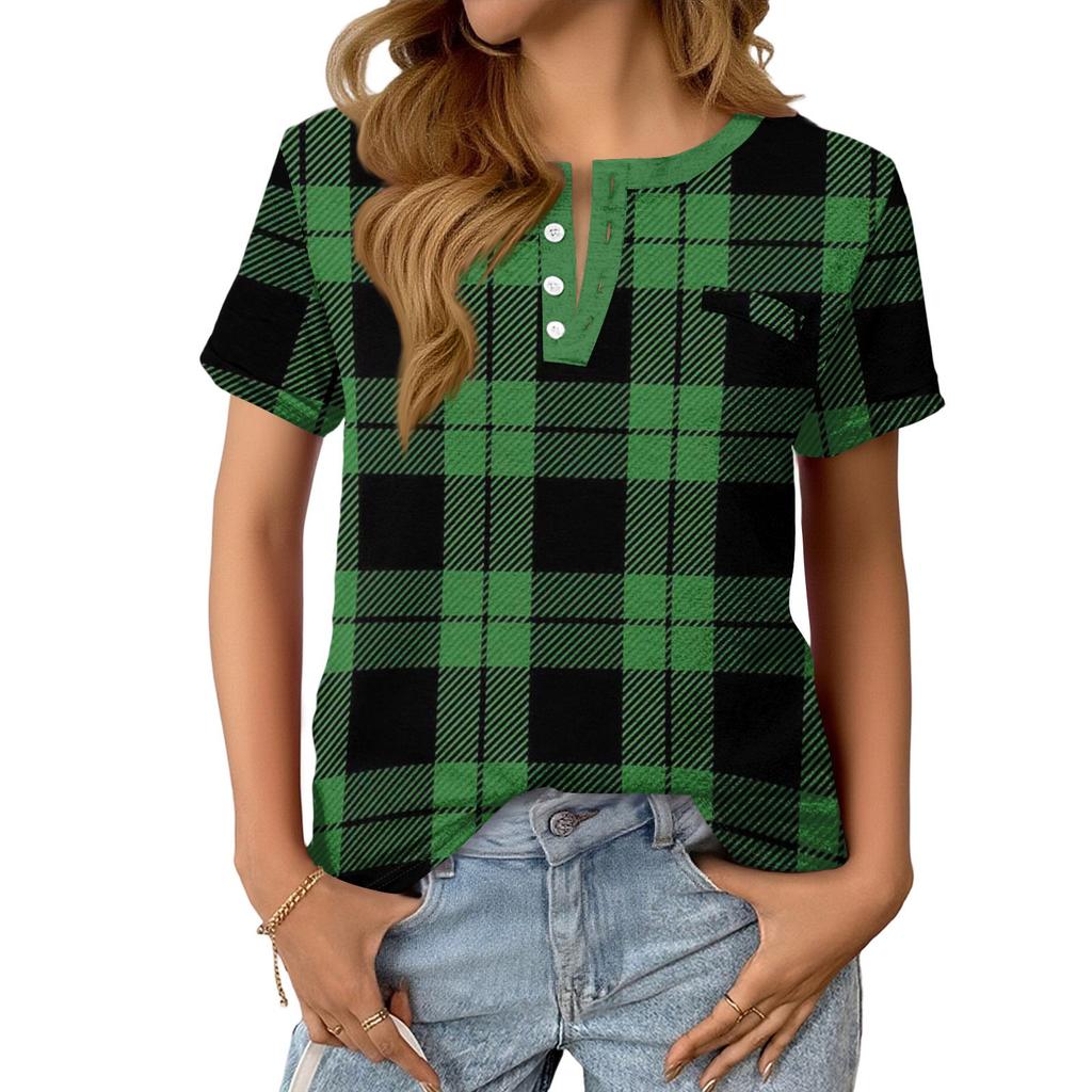 Women's Fashionable Casual Summer Plaid Print V-neck Button Short-sleeved Top
