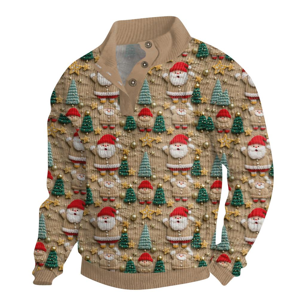 Men's Christmas Cotton Pullover Long Sleeve Outdoor Shirt Vintage Corduroy Button Stand Collar Shirt Casual Sweatshirt Christmas Print Top