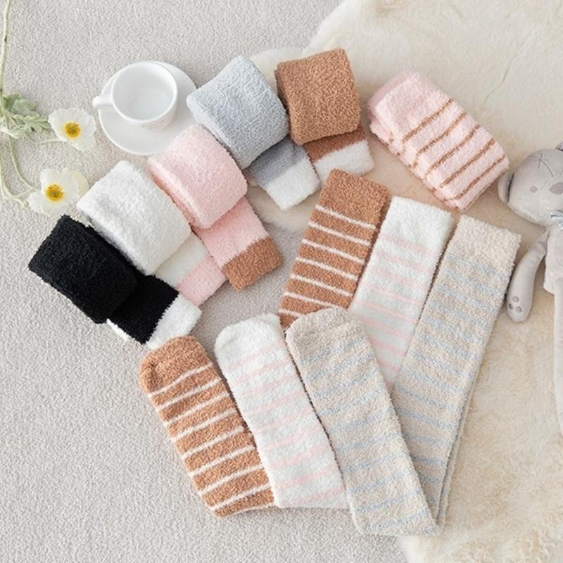 Women's Cute Coral Fleece Thigh High Socks Fuzzy Over The Knee Socks Striped Long Leg Warmers Winter Warm Slipper Socks