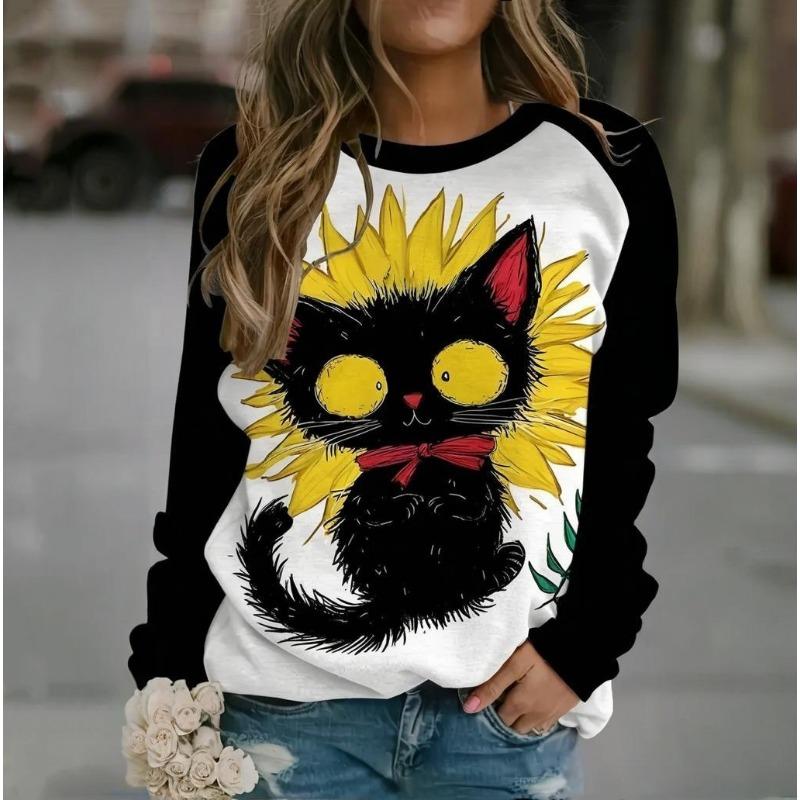 Roztomilý kočičí dámský dlouhý rukáv, podzimní a zimní kulatý výstřih, bavlněné oblečení, kawaii zvířecí tištěné topy 2024, nový módní svetr