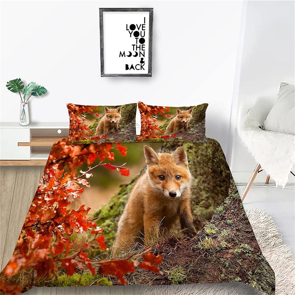 Cartoon Fox Duvet Cover Set Cute Kawaii Wild Animals King Queen Size Polyester Comforter Cover With Pillowcase For Kids Teens