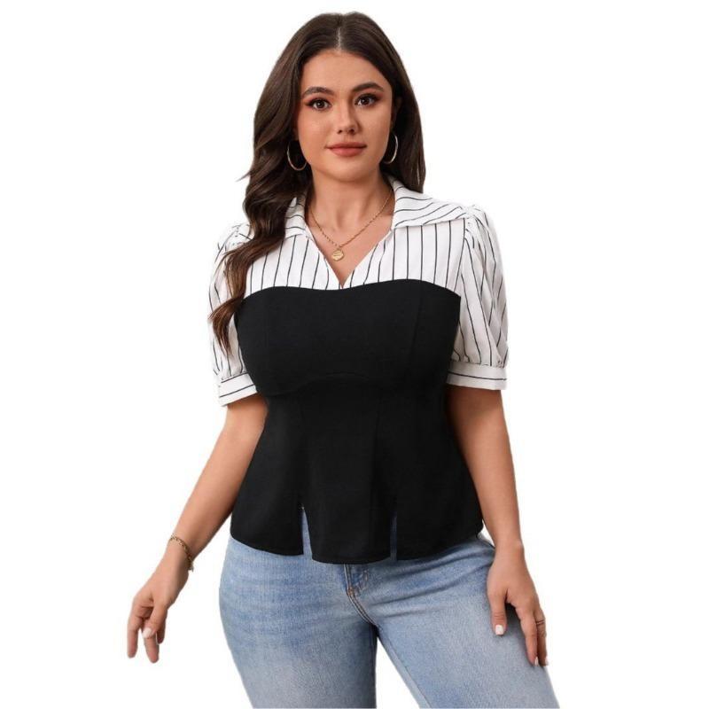 Plus Size Women's Summer Striped Patchwork Thin Short Sleeved Top