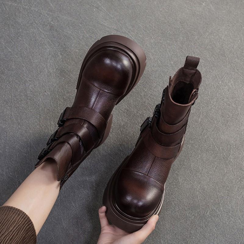 Johnature Plush Warm British Style Mid-calf Boots Genuine Leather Thick Soled Women's Shoes