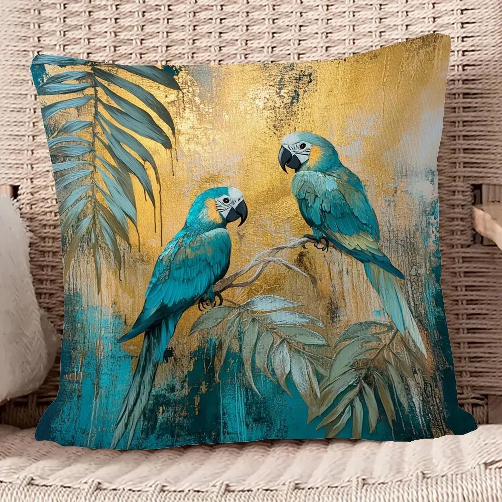 

2D flat- Boho Tropical Teal Macaw Parrot Throw Pillow Cover Gold Foil Palm Leaf Cushion Case for Home Decor 45x45cm-1pcs