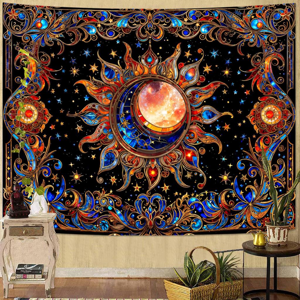 Boho Sun and Moon Tapestry, Colorful Celestial Starry Sky Mandala Print Wall Hanging for Bedroom Living Room Dorm Decor