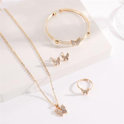 Butterfly Heart Necklace+Bracelet+Stud Earrings+Ring Jewelry Fashion Simple 4 Set Jewelry Women's Gift Accessories