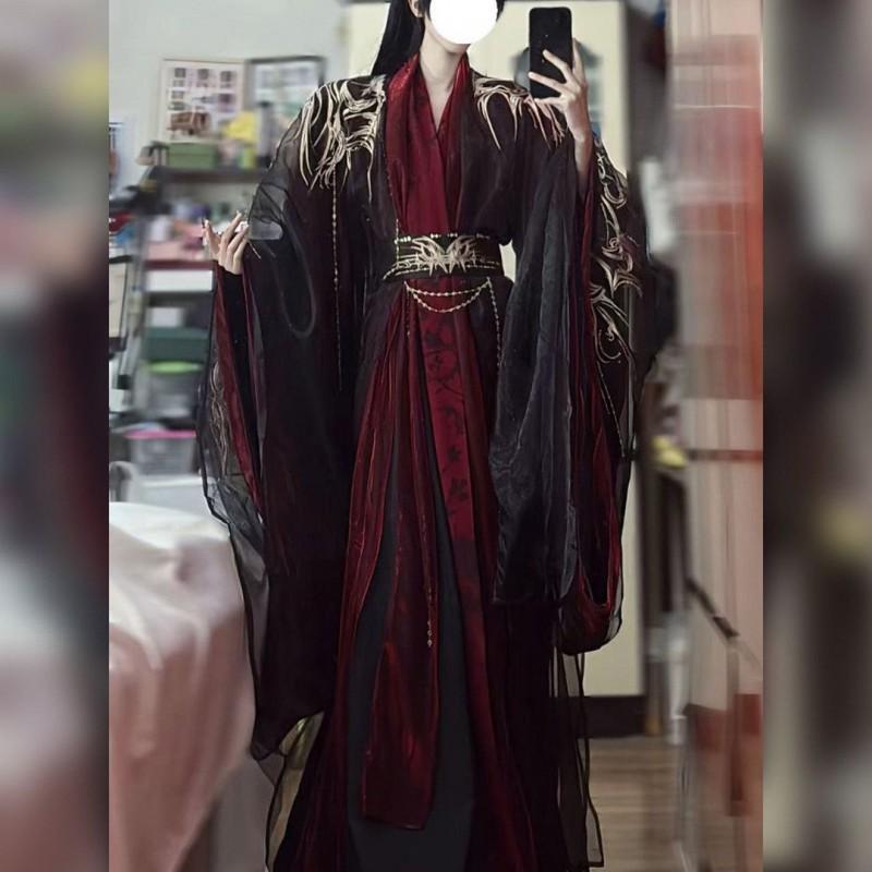 Hanfu Wei Jin Style Unisex Wide Sleeve Costume Set With Embroidery Red Blue Options