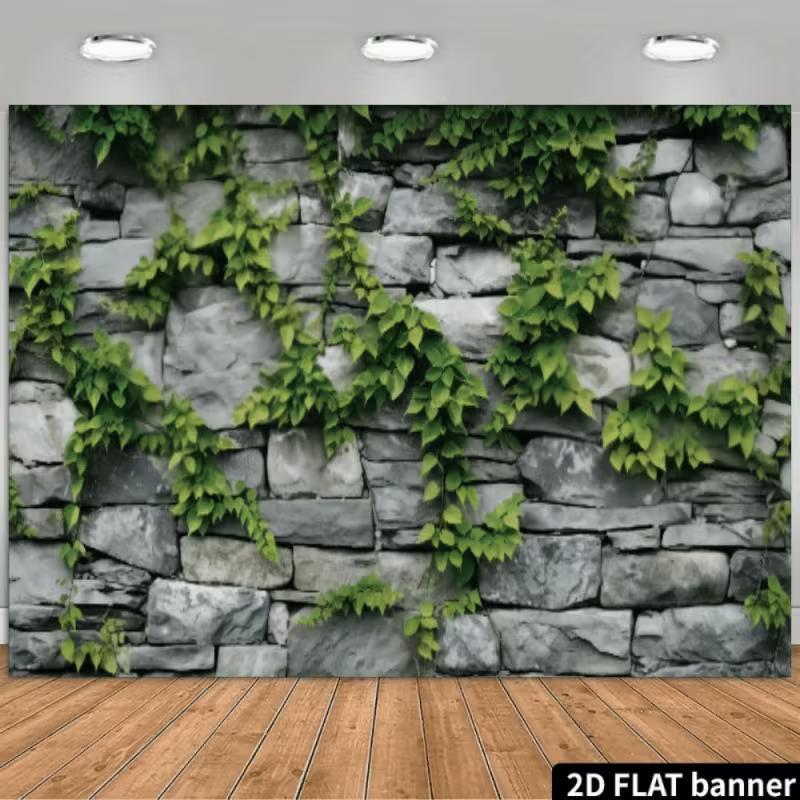 2D Rustic Stacked Stone Wall Green Ivy Vine Indoor Photo Backdrop