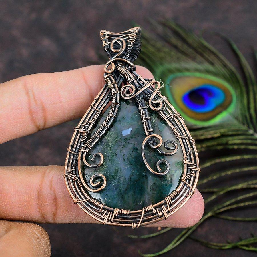 Natural Indian Moss Agate Gemstone Copper Wire Wrap Gift Pendant 3.35 Z3R27