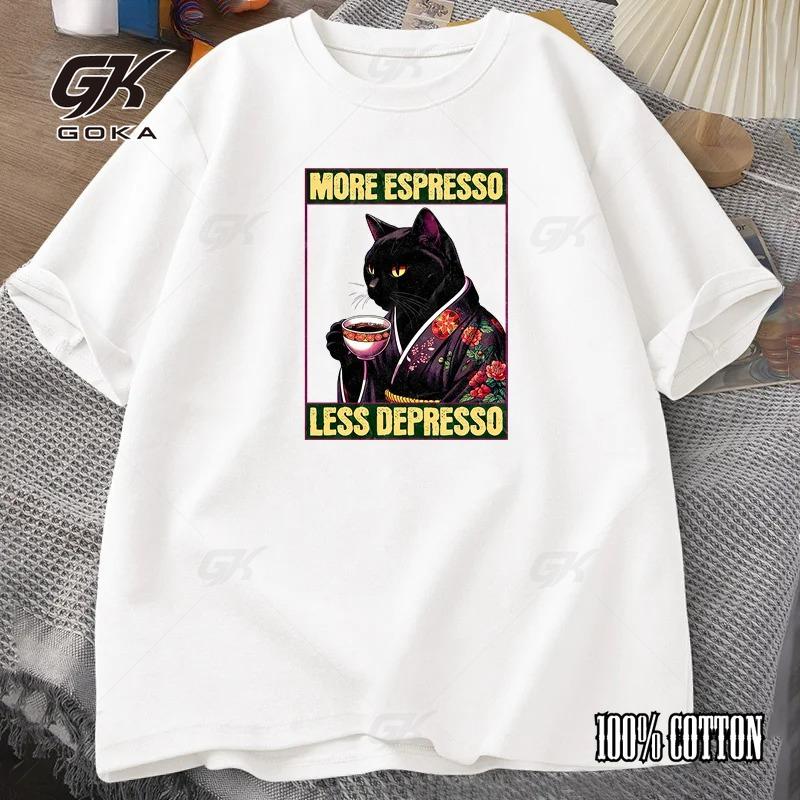 

More Espresso Less Depresso Cat Drinking Coffee Funny T Shirt for Men Women Japanese Style Fashion Cotton Short Sleeve Clothing 4XL