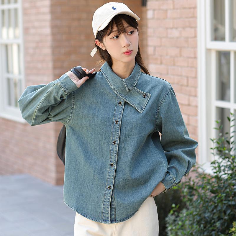 Vintage-Inspired Luxe Korean Denim Shirt with Scarf Collar