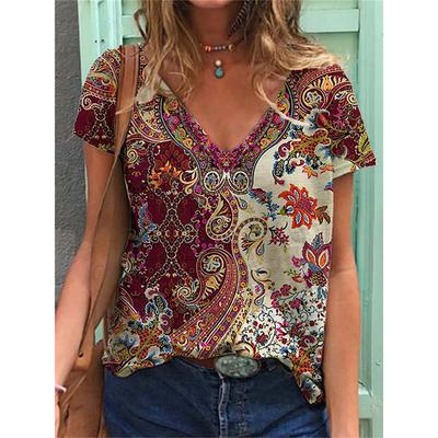 Ethnischer Stil Floral 3D-Druck T-Shirts Damen V-Ausschnitt Kurzarm T-Shirt Streetwear Y2k Top Harajuku Oversized T-Shirt Damenbekleidung