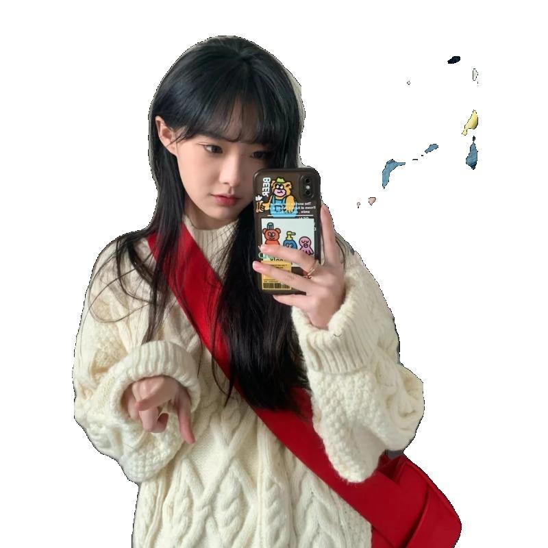 Mlecznobiały sweter wkładany przez głowę z dzianiny w warkocze Damski Jesień Zima 2024 Nowy Francuski Sle Pogrubiony Leniwy Sle Topy Odzież wierzchnia