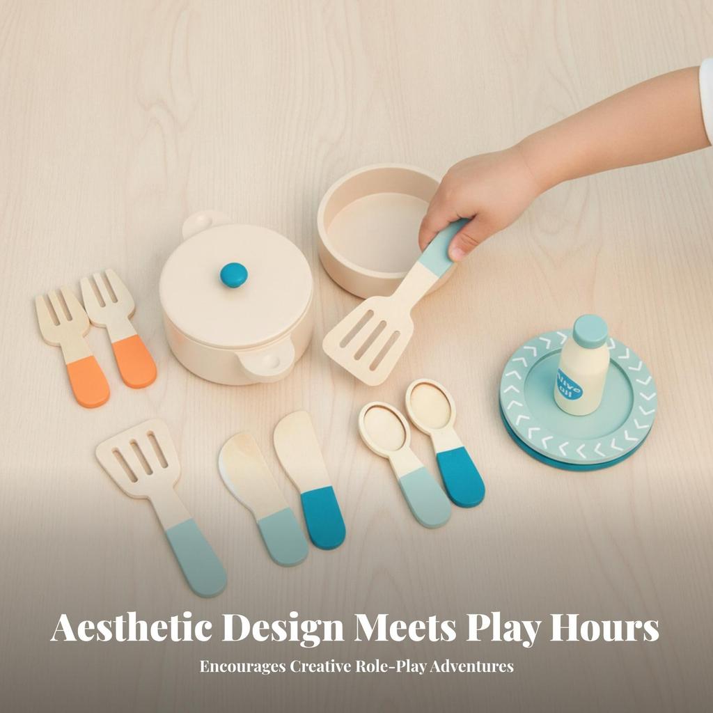 Wooden Cooking Toy Set Toddler with Pots and Pans Preschool