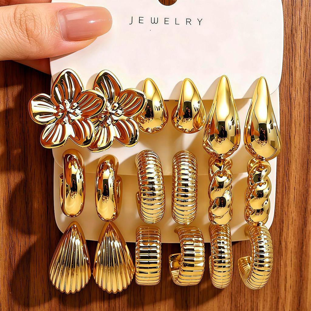 European and American Fashion C-shaped Twist and Water Drop Earrings, 3-Piece Geometric Set for Women.