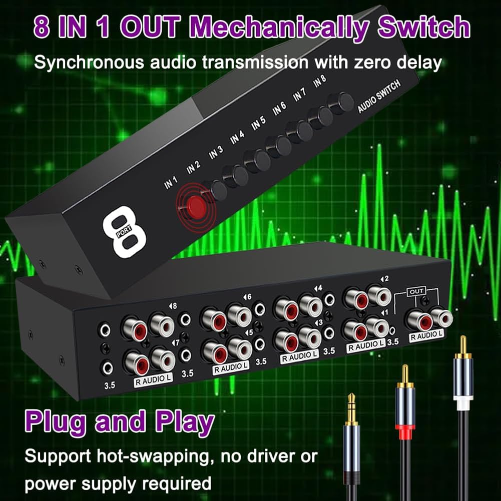Limnyves Aux Bidirectional Stereo Audio Output Analog Audio Switcher Selector 3.5mm + L/R Switcher, 8-In-1 A/B