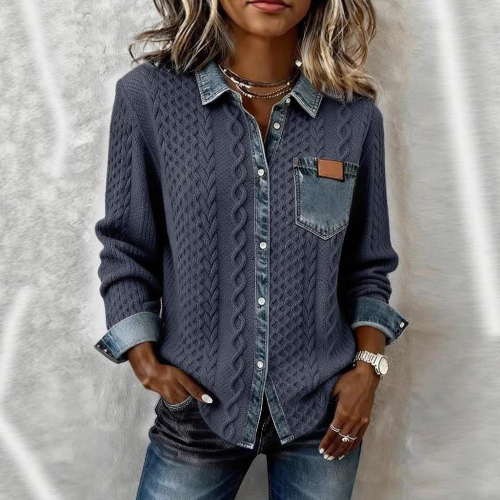 Dark Grey Knit Shirt with Denim Trim and Chest Pocket