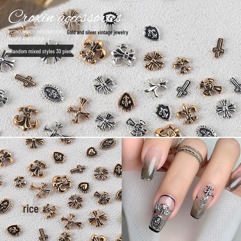 

Retro Alloy Chrome Hearts Punk Nail Art Cross Set - 30 Pcs