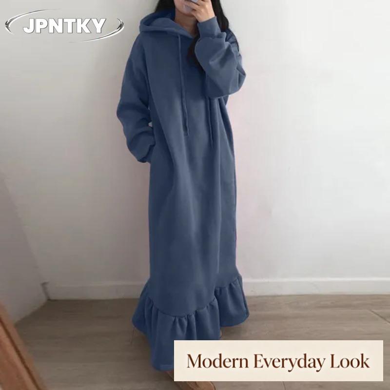JPNTKY Fashion Autumn Winter Hooded Long Sleeve Solid Color Print Casual Dresses