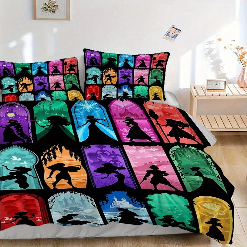 3pcs Disney Princess Silhouettes Printed Bedding Set, Breathable And Soft, Machine Washable, Christmas Gift Birthday Gift, Bedroom Decoration 135x200cm
