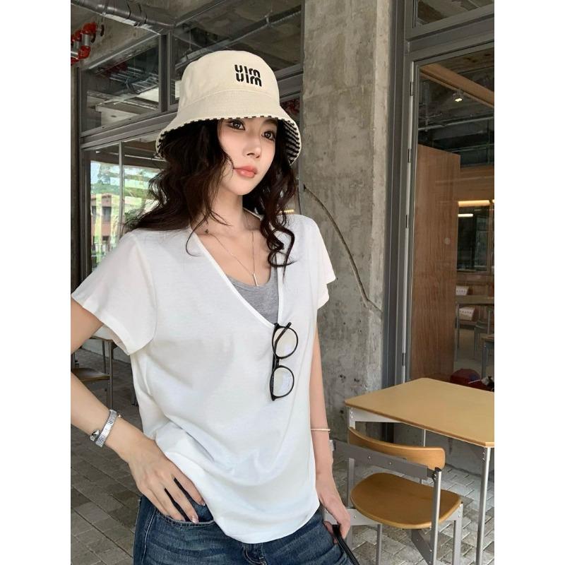 Stack Two Fake Contrasting Color Short-sleeved T-shirts for Women New Slimming and Flesh-covering Casual Lazy Half-sleeved Tops
