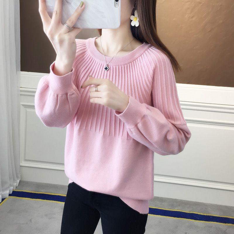 Round Neck Sweater Women's Hong Kong Style Solid Color Sweater Loose Casual Knitted Base Sweater Autumn and Winter