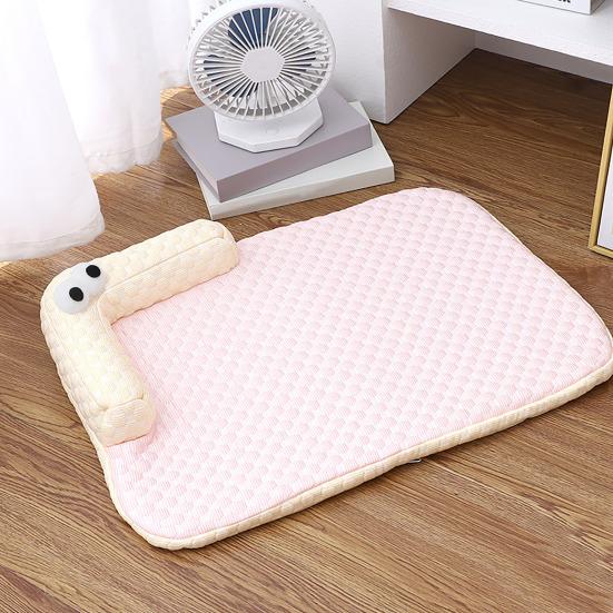 Dog Cooling Mat Ice Silk Cooling Pet Mat Bed Breathable Summer Pet Sleeping Pad with Neck Support Pillow for Small Dogs Cats