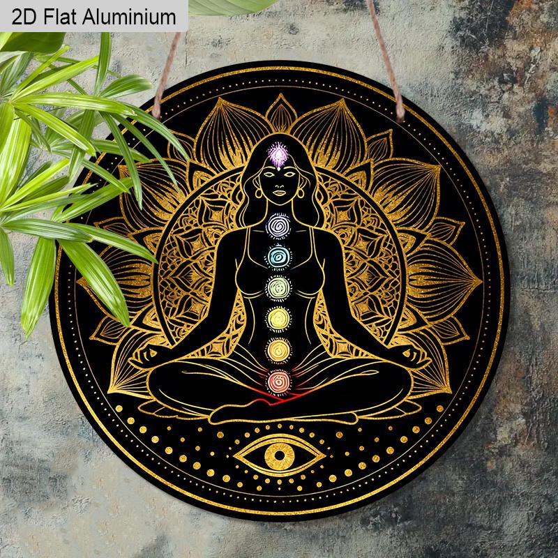 2D Flat Bohemia Aluminium Sign with Meditation & Chakra Pattern - Vintage Figurine Ornaments - Ideal for Front Door, Wall, Porch, Fence Decor - Ideal