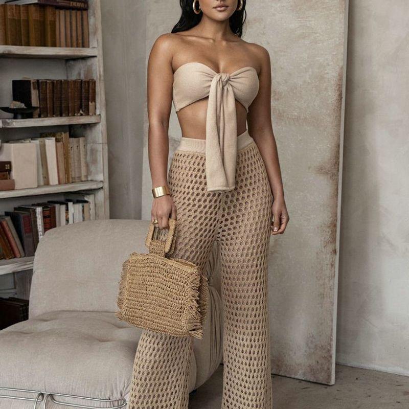 

Elegant Women s Summer Sexy Bikini Tube Top Sexy Cutout Knitted Loose Casual Loose Pants Suit Khaki L