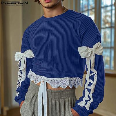 Men Long Sleeve Lace Hem Rib Casual Crop Tops T-shirts