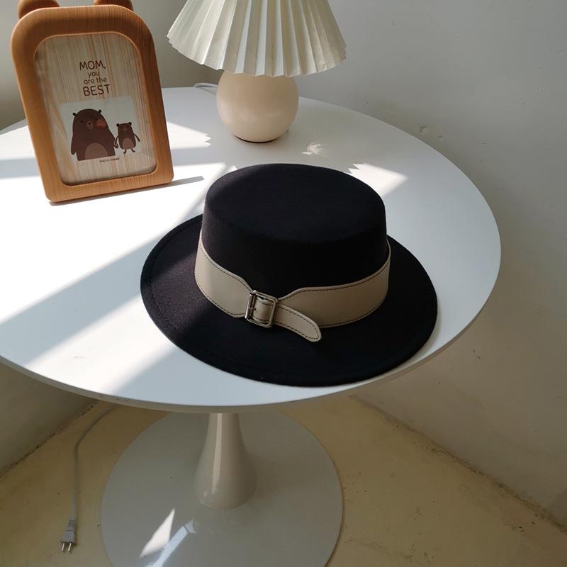 Vintage Woolen Hat British Hat Wide Brim Flat Top Top Top Top Hat Versatile Autumn and Winter Hat Trendy Sun Hat Felt Hat