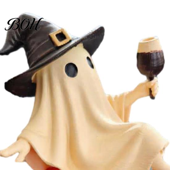 Decorative Bar Accessories Cute Ghost Figurine, Sitting on Pumpkin Statue with Witch Halloween Table Decor Hat, Resin Tabletop Ornament for Home Party
