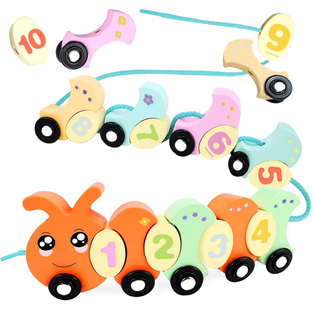 CORPER TOYS Caterpillar Stringing Toy, Wooden Puzzle, Colorful Blocks, Pull Toy, Animal and Number Toy, with Storage Pouch, Christmas Gift