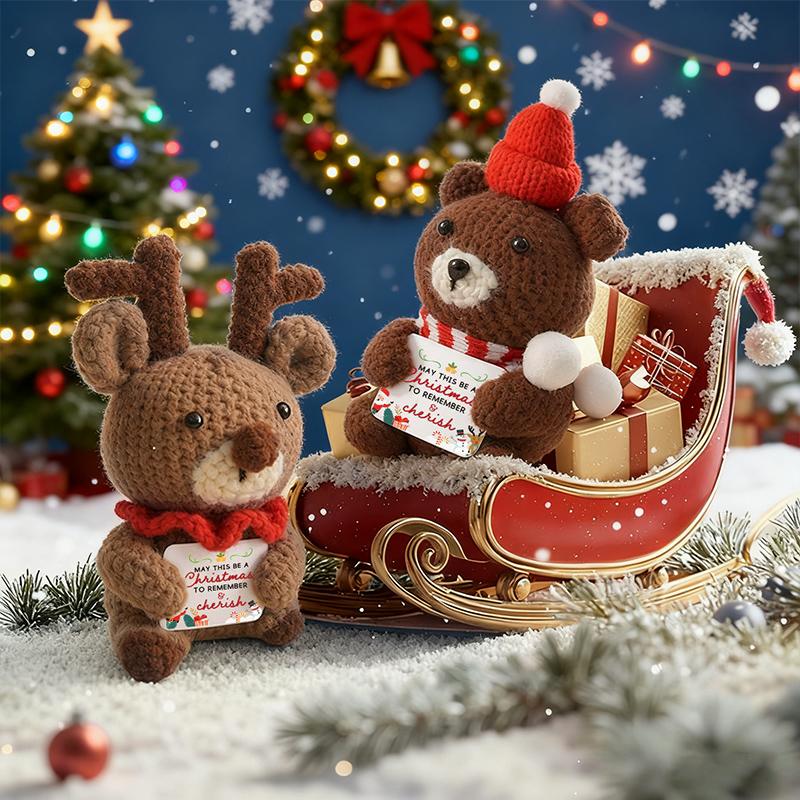 Niedlicher Häkel-Positive-Energie-Weihnachtsmann Häkel-Weihnachtspuppen mit Karte Desktop Handgefertigte Strickfiguren Weihnachtsdeko Ornament