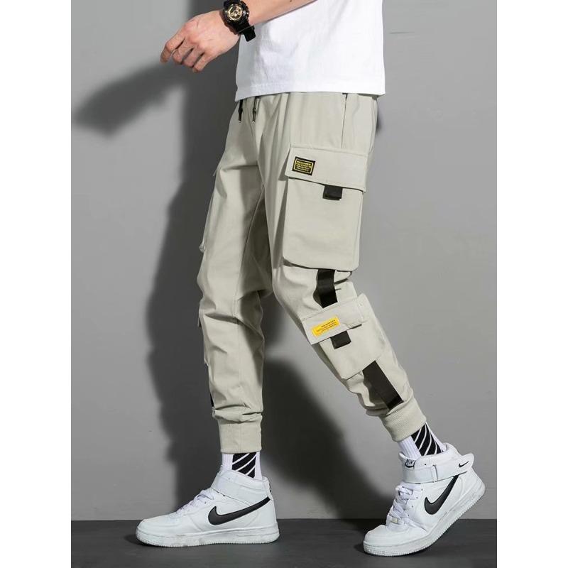 

Thin Multi-pocket Overalls Men s Tied Feet Harlan Nine-point Pants M хаки