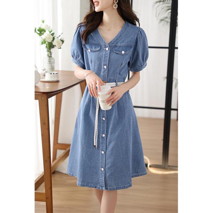 Summer Slim Denim Short Sleeve Dress Casual Waist Cinching Womens Outfit Lightweight Versatile Fashion