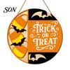 Retro Wall Plaque Halloween Trick or Treat Wooden Door Sign, Round Bat Silhouette Sign Hanging for Home Front & Party Decoration Personalized