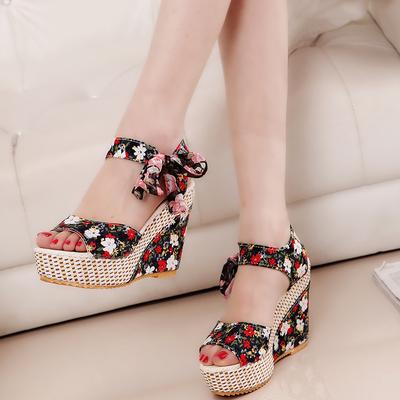 2024 Thick Sole Slope Heel High Heel Fish Mouth Matsuke Heel Ribbon Fashion Sandals