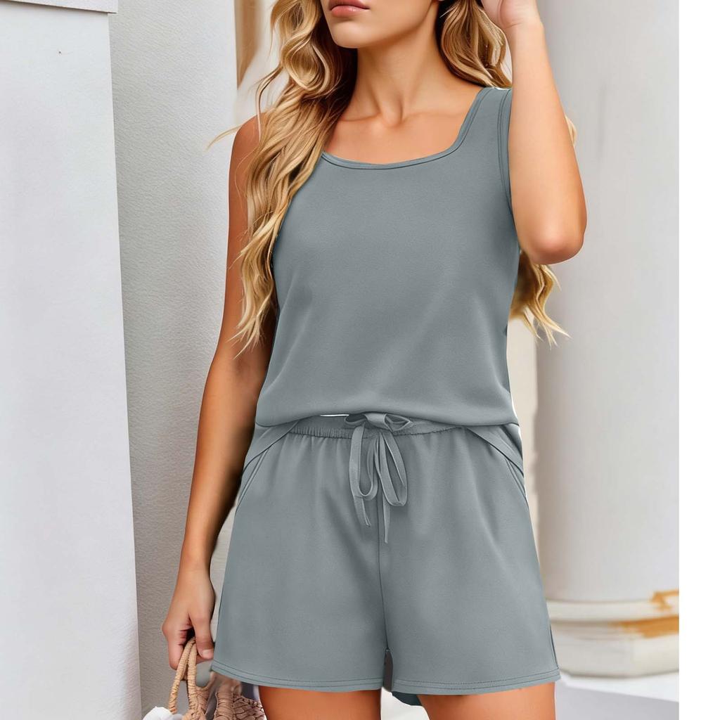 Women's Fashionable, Casual And Comfortable Sleeveless Square-Neck -Colour High-Waisted Shorts Casual Two-Piece Set