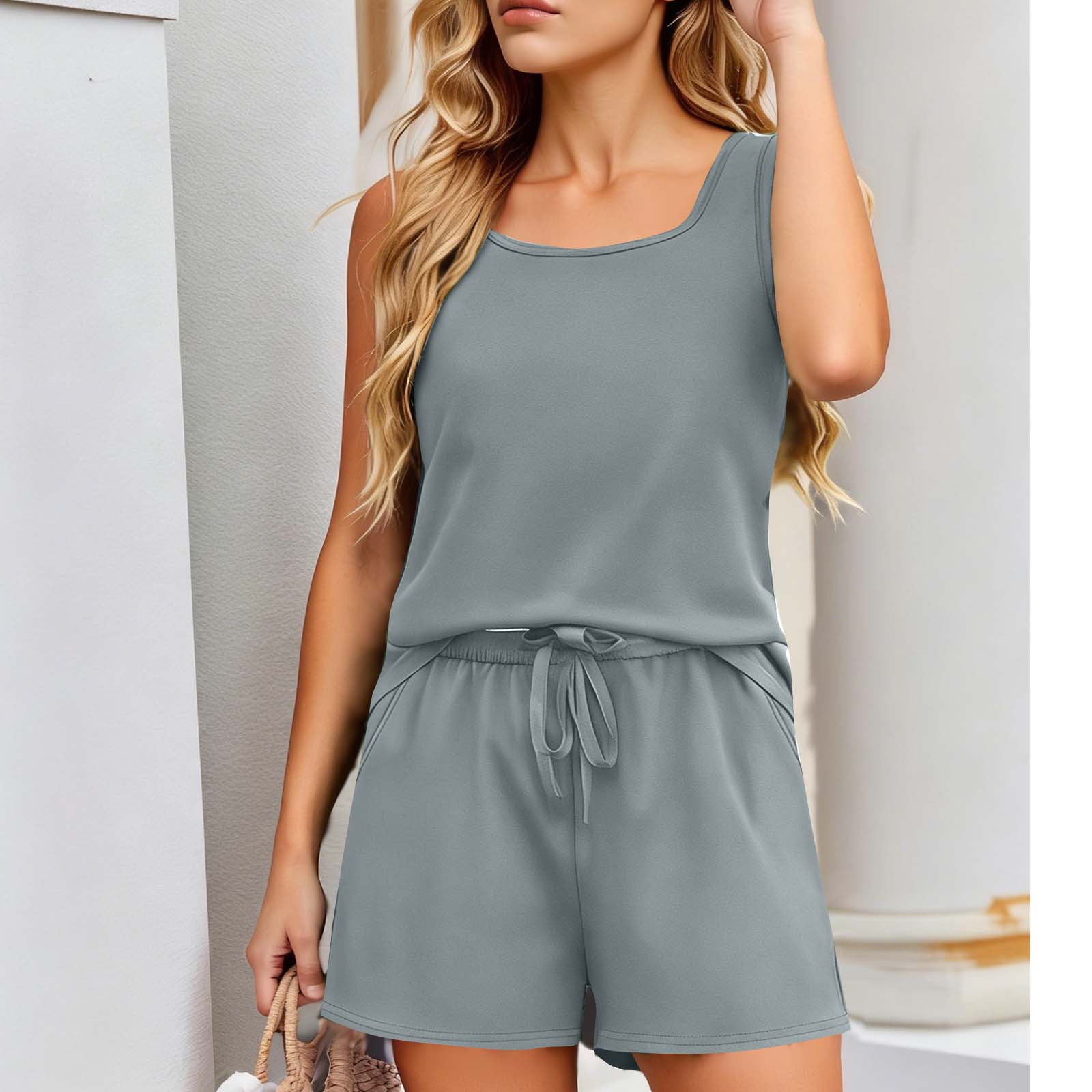 Women s Fashionable, Casual And Comfortable Sleeveless Square-Neck -Colour High-Waisted Shorts Casual Two-Piece Set XXL