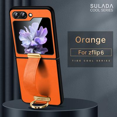 Luxury PU Leather Cover with Portable Wristband Hand Strap Kickstand Metal Ring for Samsung Galaxy Z Flip 6 5 4 Case