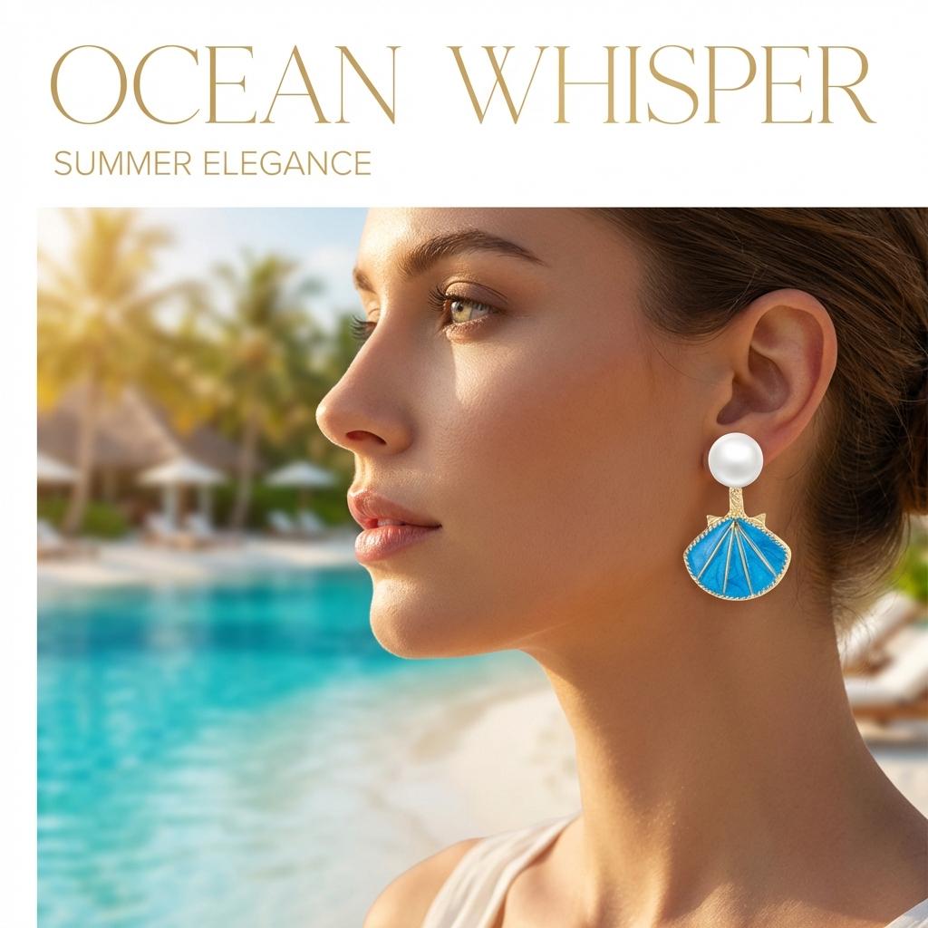 Creative Ocean Blue Shell Pearl Stud Earrings For Women Vintage Dripping Oil Imitation Pearl Shell Texture Earring Party Jewelry