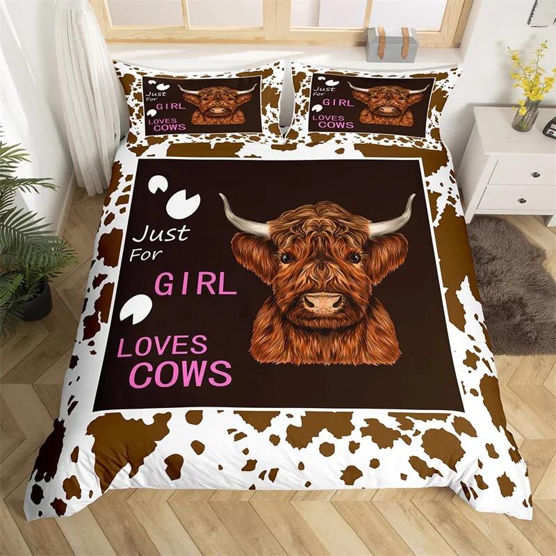 Highland Cow Duvet Cover King Microfiber Western Farmhouse Animal Bedding Set Leopard Cow Skin Fur Floral Print Comforter Cover