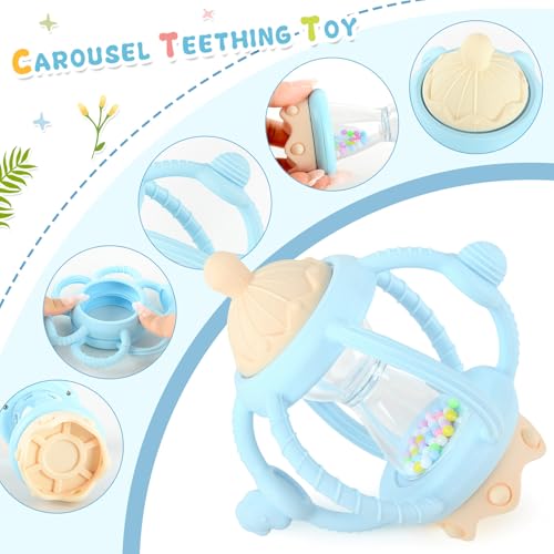 2 Pack Baby Teething Toys for 6-12 Months, Sensory Teether, Montessori Baby Rattle Teether Toy as Gifts for Boys Girls (Blue)