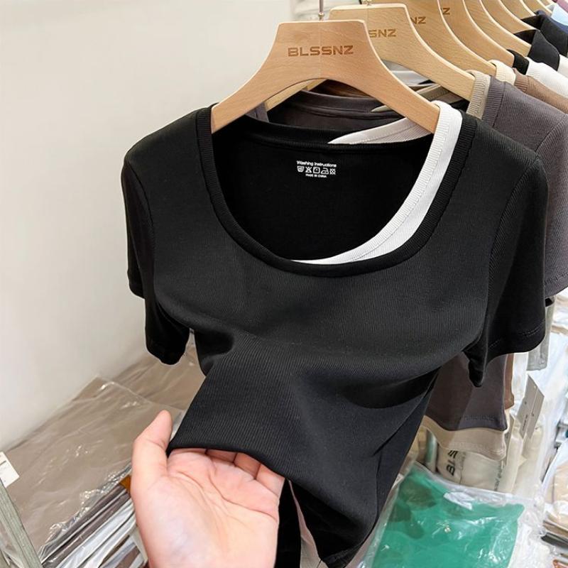 WTEMPO Brand Short-sleeved T-shirt Women's Summer Fake Two Niche with Design Sense of The Niche Sexy Slim Short Tops